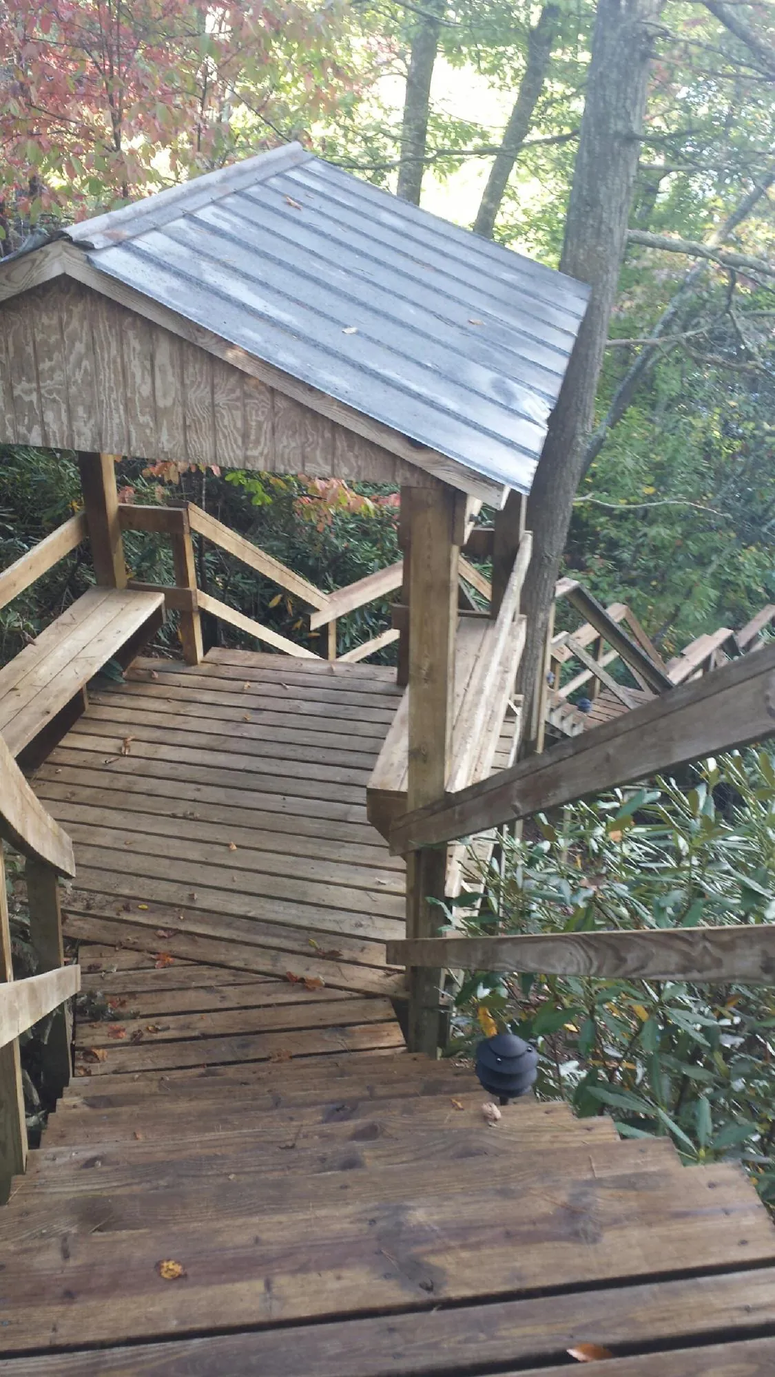 Metal roofed shelter over wooden steps on a wooded walkway — Skylight Repair & Installation work by our crew in Hacker Valley